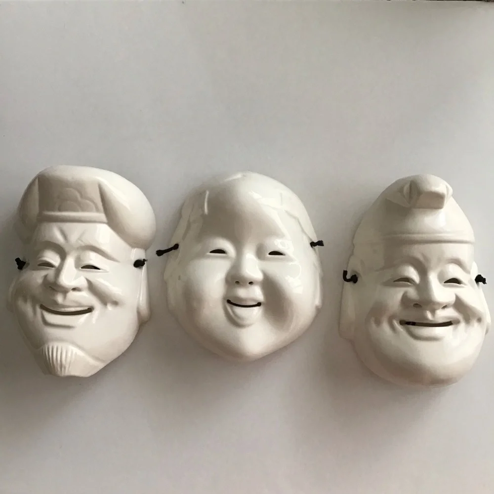 Pier One SET OF 3 White Ceramic Wall Art Masks Japanese Daikoku & Enosis Vintage